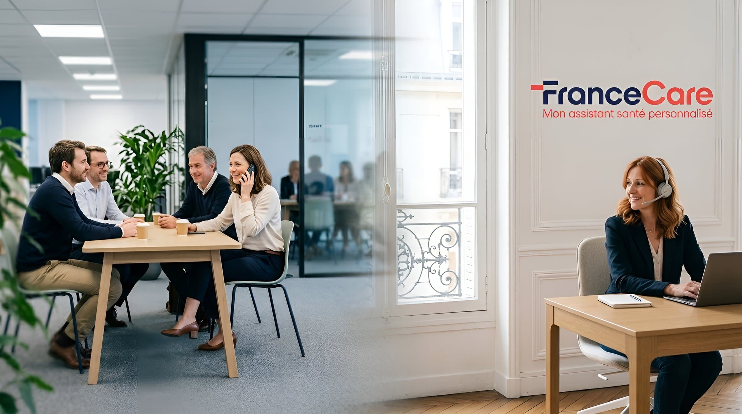 Une équipe réunie autour d’une table et une conseillère France Care au téléphone