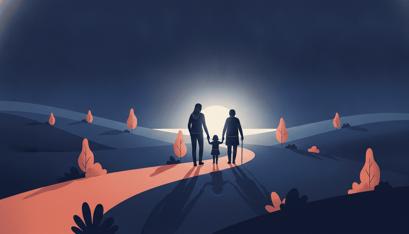 Trois silhouettes de dos sur un chemin : un adulte entre un enfant et une personne âgée