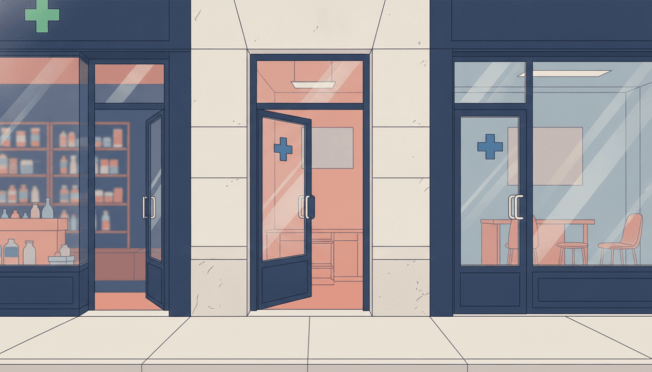 Trois vitrines de santé aux portes ouvertes le long d’un trottoir vide