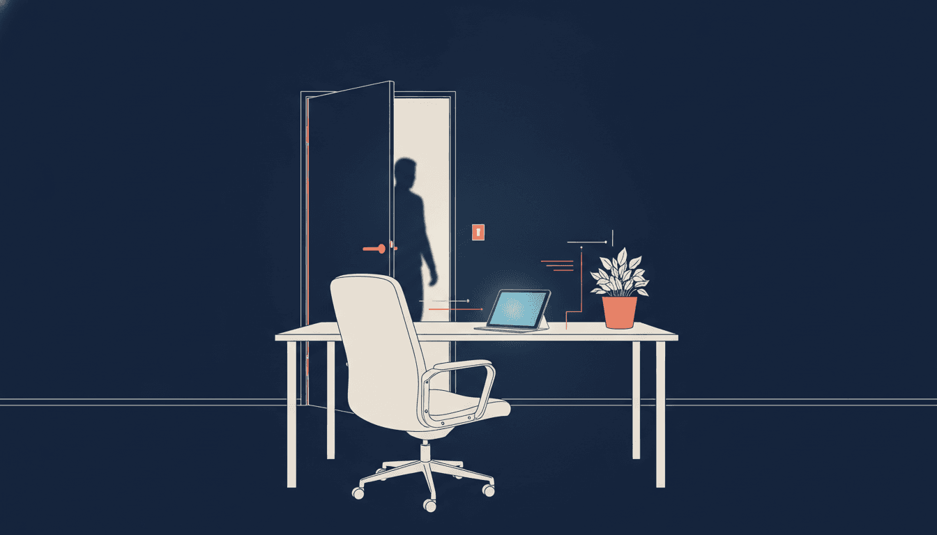 Un poste de travail qui attend, chaise vide et plante, et une silhouette sur le seuil d’une porte
